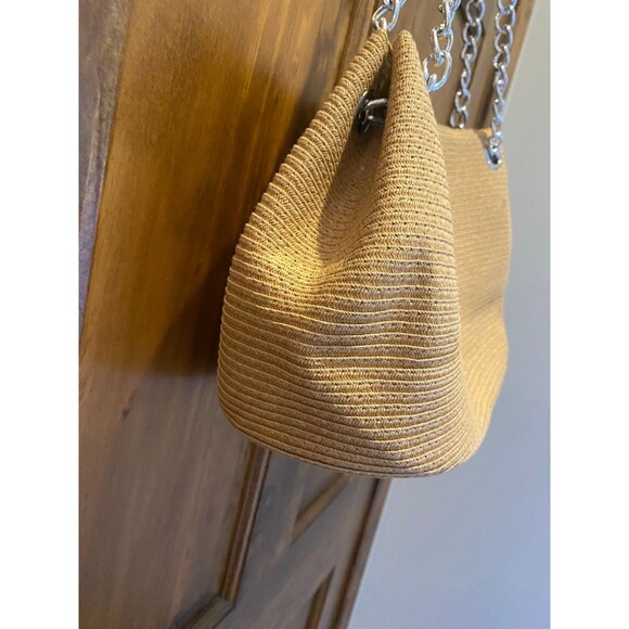 Woven Straw Shoulder Bag w/ Chain Straps Casual Lightweight Travel Vacation Bag - Picture 3 of 12